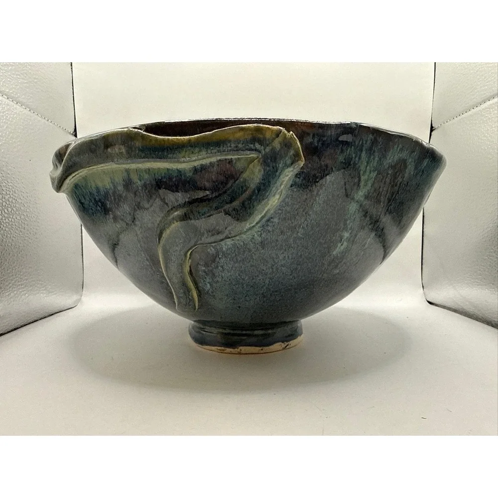 Hand Made Pottery Bowl, JS Signed Blue Green Color Textured Abstract 10